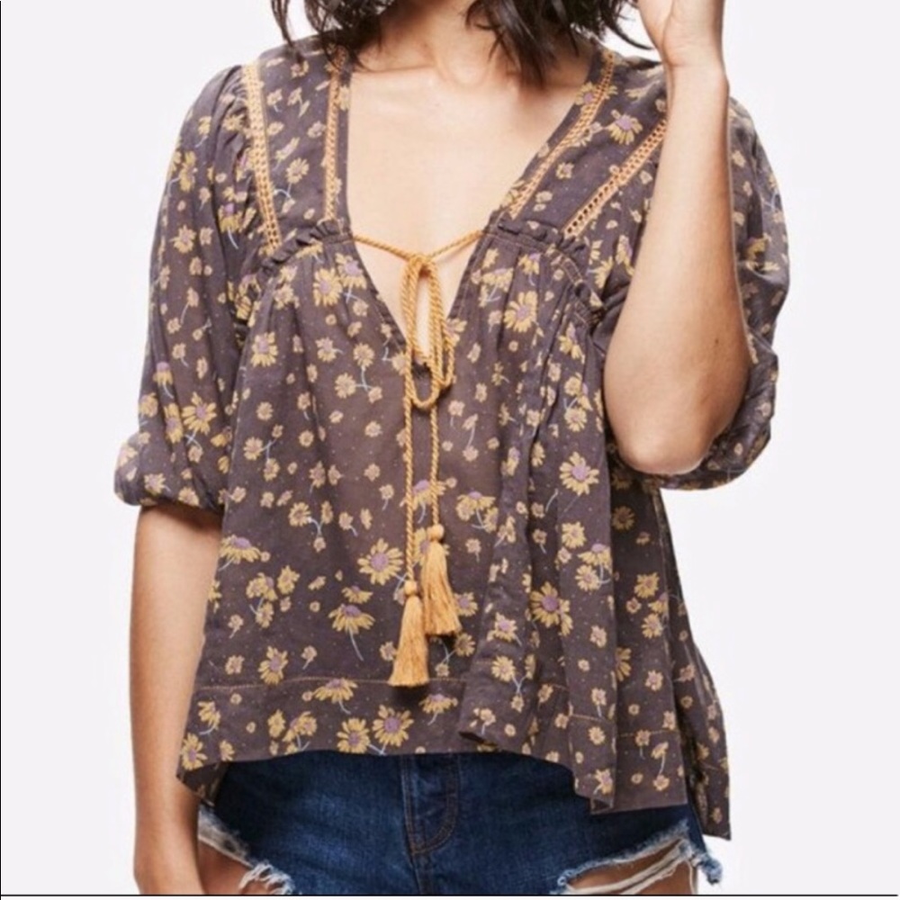 Free People | Boho Daisy Print Blouse with Tassels